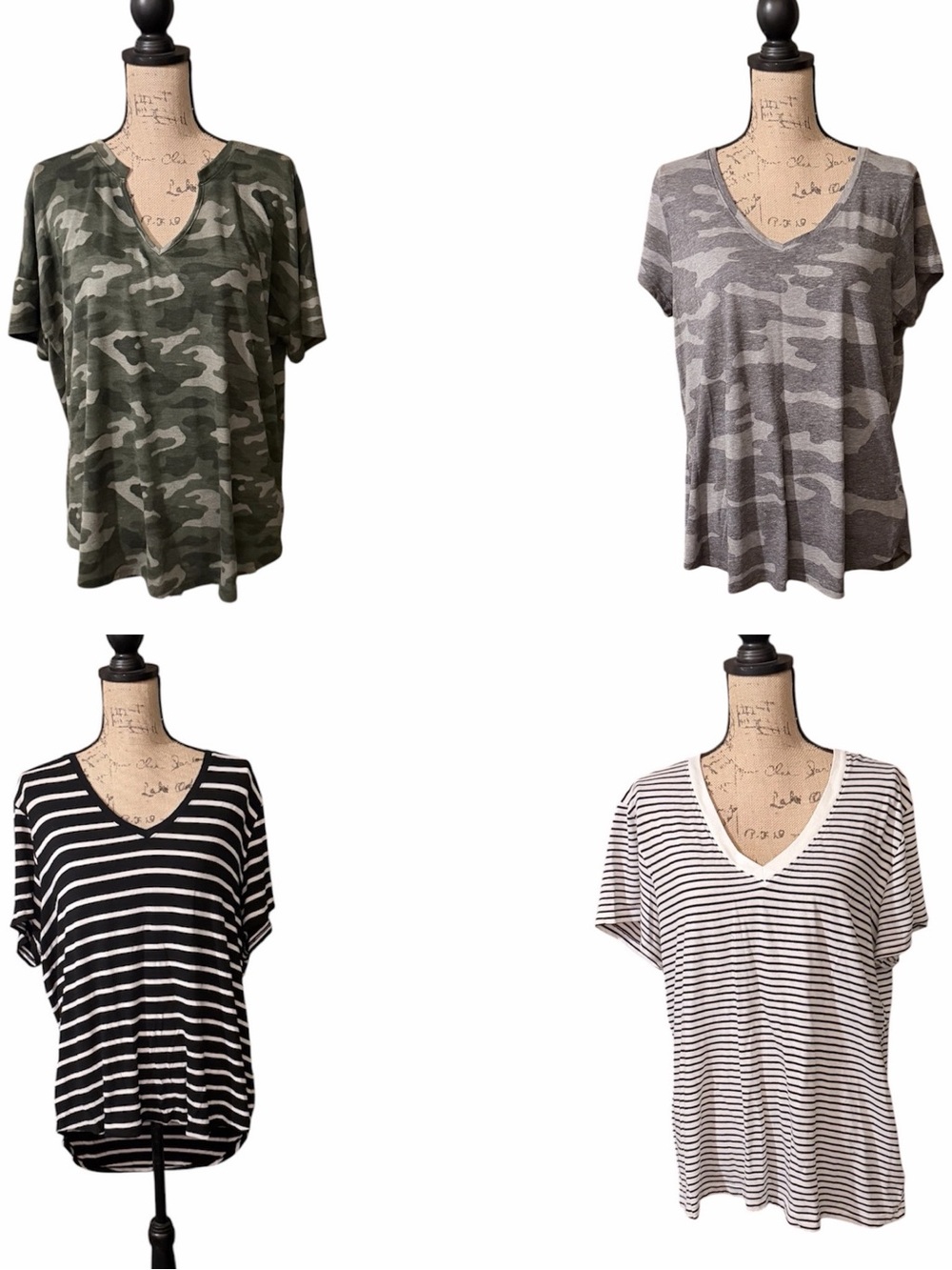 Bundle Women’s V-Neck Casual Tee - Two Green Camo,, Black Stripe, White Stripe
